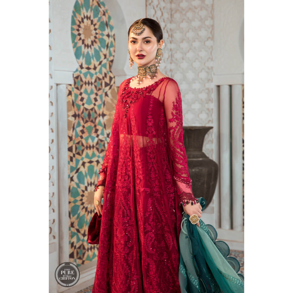 Maria B Chiffon Eid Collection'22, MPC-21-102, Cherry red with Shades of Teal