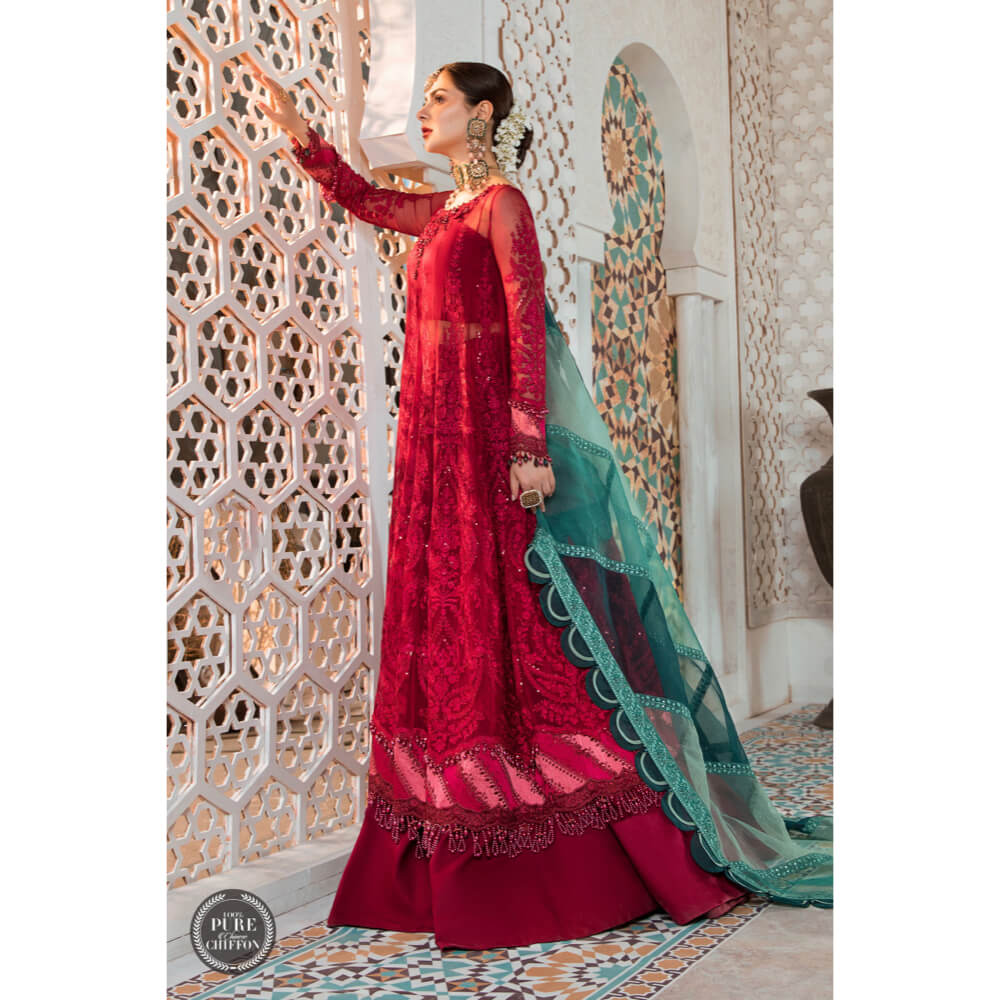 Maria B Chiffon Eid Collection'22, MPC-21-102, Cherry red with Shades of Teal