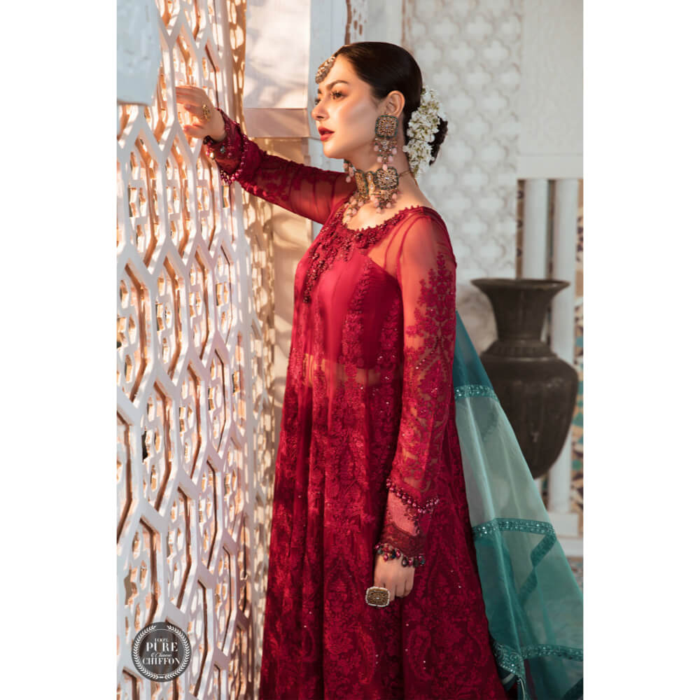 Maria B Chiffon Eid Collection'22, MPC-21-102, Cherry red with Shades of Teal