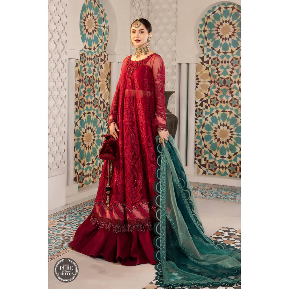 Maria B Chiffon Eid Collection'22, MPC-21-102, Cherry red with Shades of Teal