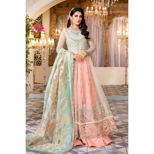 Maria B Mbroidered, BD-2487-Pearl White, Peach and Aqua